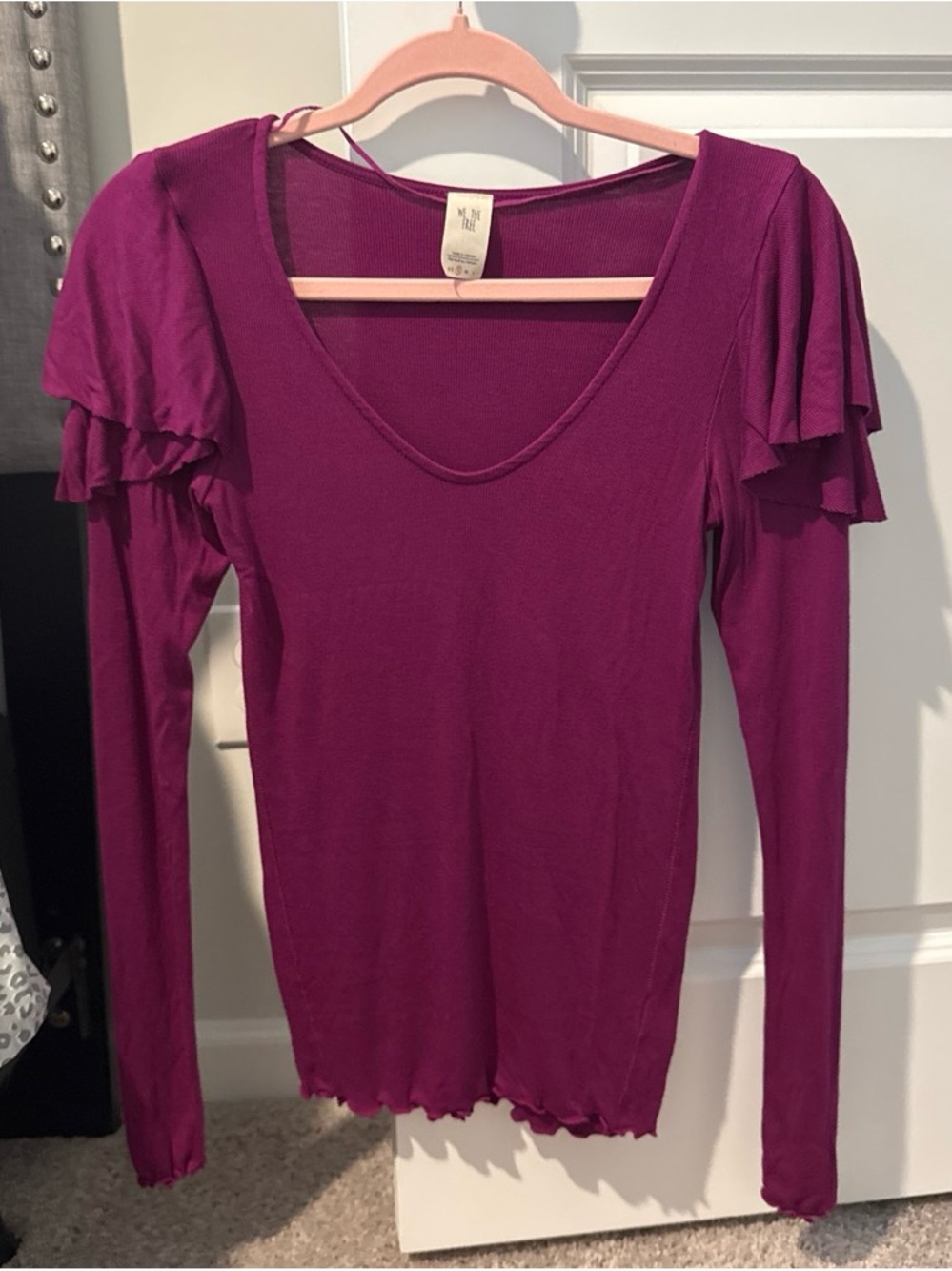 We The Free Magenta Scoop Neck Long Sleeve Ruffle Shoulder Top